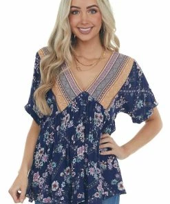 Davi & Dani Tops Rich Navy Multiprint Babydoll V Neck Woven Top 26 Davi & Dani Tops Rich Navy Multiprint Babydoll V Neck Woven Top
