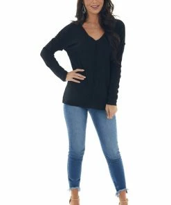 143 Story Black Metallic Thread Exposed Seam Knit Top