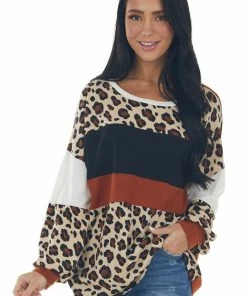 Haptics Tops Rust And Leopard Print Long Sleeve Knit Top