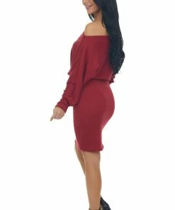 Lime Lush Cherry Ribbed Off Shoulder Dolman Sleeve Dress