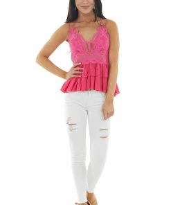 ZENANA Fuchsia Lace Peplum Ruffled Tank With Criss Cross Straps 31 ZENANA Fuchsia Lace Peplum Ruffled Tank With Criss Cross Straps