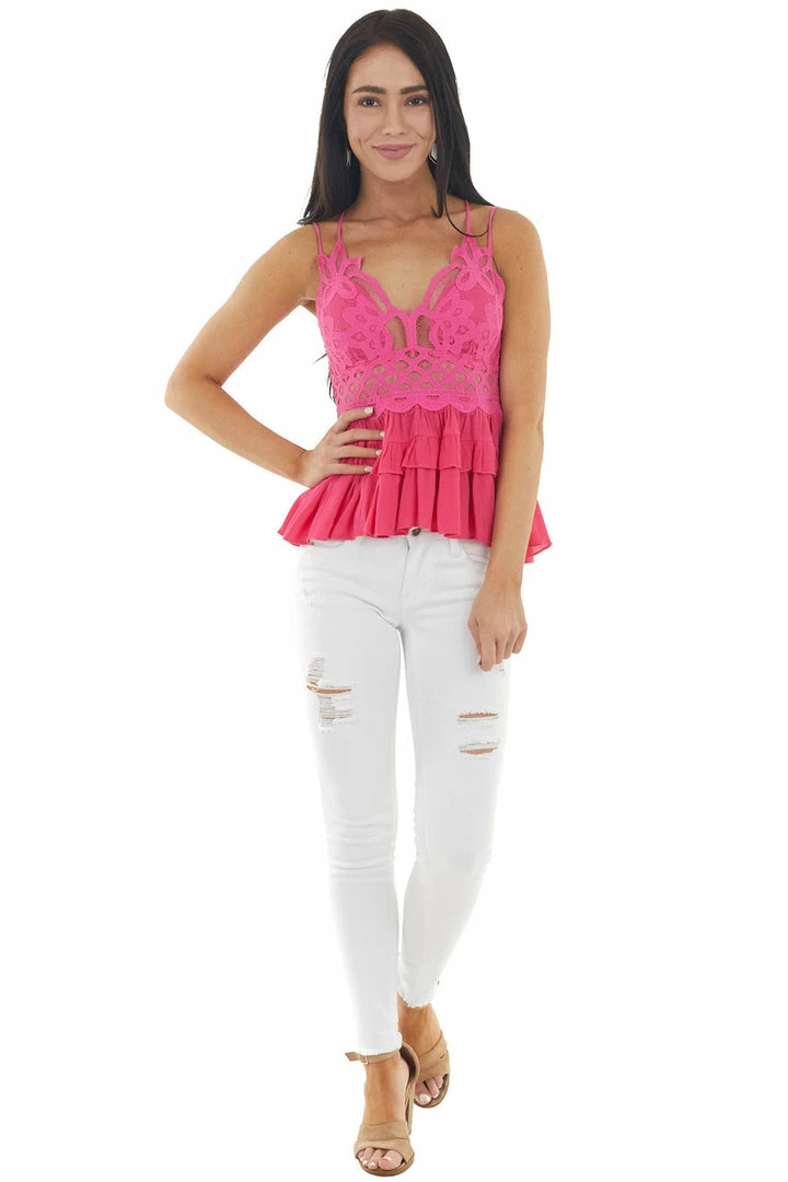 ZENANA Fuchsia Lace Peplum Ruffled Tank With Criss Cross Straps 14 ZENANA Fuchsia Lace Peplum Ruffled Tank With Criss Cross Straps