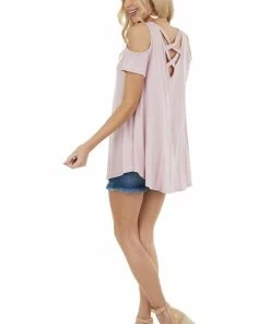 CY Fashion Tops Blush Cold Shoulder Top With Criss Cross Back Detail