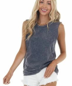 Trend Notes Black Mineral Wash Raw Muscle Knit Tee With Ribbed Neck