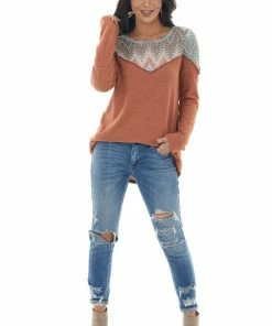 Lovely Melody Sandstone Brushed Knit Top With Printed Yoke