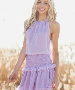 Do + Be Lavender Halter Mini Dress With Smocked Ruffle Detail Dresses