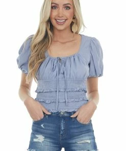 Mustard Seed Dusty Blue Short Puff Sleeve Blouse With Smocked Detail Tops