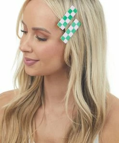 Denim & Daisy Jade And Mauve Checkered Bar Hair Clips