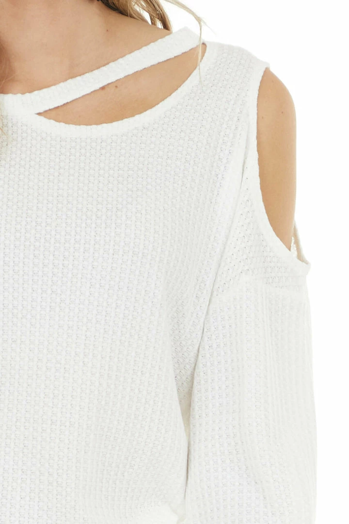 BiBi Ivory Waffle Knit Single Cold Shoulder Top With Neck Cutout 13 BiBi Ivory Waffle Knit Single Cold Shoulder Top With Neck Cutout