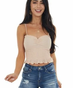 CY Fashion Peach Smocked Crop Tank Top With Ruffle Detail