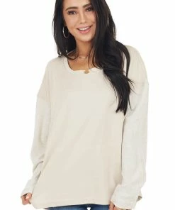 Umgee Tops Oatmeal Contrasting Long Sleeve Top With Side Slit Detail