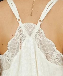 Jodifl Tops Cream Leopard Print Satin Tank Top With Lace Neckline Detail