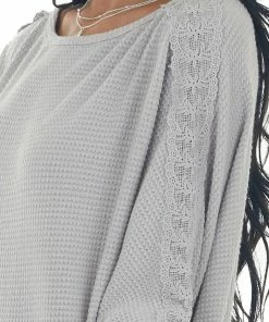 143 Story Dove Grey Waffle Knit Dolman Lace Sleeve Top