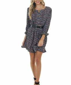 Jodifl Black Printed Woven Short Dress With 3/4 Bubble Sleeves