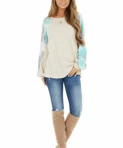 American Chic Tops Cream Waffle Knit Long Sleeve Top With Tie Dye Detail 30 American Chic Tops Cream Waffle Knit Long Sleeve Top With Tie Dye Detail