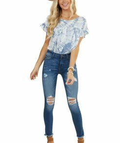 Kori America Tops Slate Blue Tie Dye Blouse With Short Ruffle Sleeves 31 Kori America Tops Slate Blue Tie Dye Blouse With Short Ruffle Sleeves
