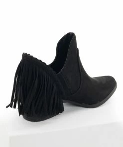 Brand Headquarters Black Plunging Ankle Booties With Fringe Shoes
