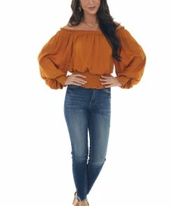She + Sky Caramel Off Shoulder Long Sleeve Blouse
