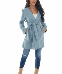 Style Melody Melange Powder Blue Hooded Brushed Knit Coat Outerwear