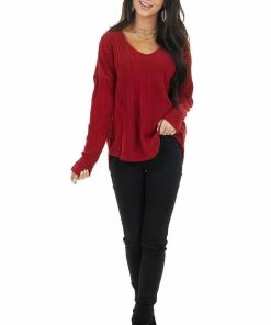 143 Story Tops Maroon Long Sleeve Wide Neck Knit Top With Ribbed Detail 27 143 Story Tops Maroon Long Sleeve Wide Neck Knit Top With Ribbed Detail