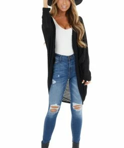 FSL APPAREL Black Waffle Knit Long Sleeve Cardigan With Cocoon Hem