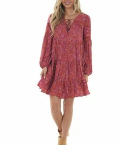 Easel Rust Floral Print Mini Dress With Long Sleeves Dresses