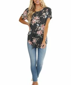 BOMBOM Tops Charcoal Floral Print Short Sleeve Top With Rounded Hemline 27 BOMBOM Tops Charcoal Floral Print Short Sleeve Top With Rounded Hemline