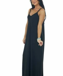 ZENANA Dresses Black Sleeveless Knit Maxi Dress With Pockets