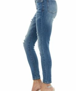 Special A Bottoms Medium Dark Wash Mid Rise Distressed Skinny Jeans
