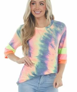 Vanilla Bay Neon Multicolor Tie Dye Knit Top With Stripe Contrast Detail Tops