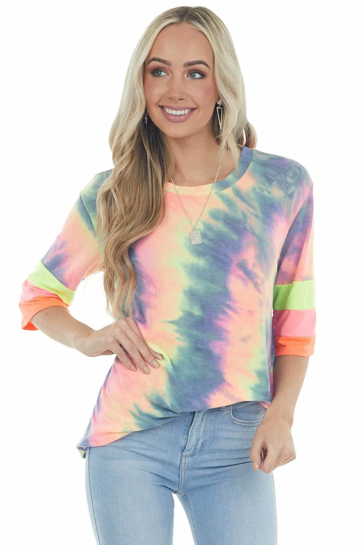 Vanilla Bay Neon Multicolor Tie Dye Knit Top With Stripe Contrast Detail Tops 3 Vanilla Bay Neon Multicolor Tie Dye Knit Top With Stripe Contrast Detail Tops