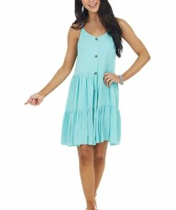 Staccato Dresses Turquoise Sleeveless Button Down Tiered Dress With V Neck
