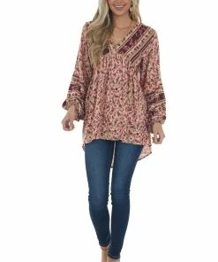 Umgee Tops Peach Floral Babydoll Bubble Sleeve Blouse