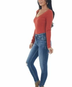 Heart & Hips Rust Stretchy Ribbed V Neck Fitted Bodysuit Tops 29 Heart & Hips Rust Stretchy Ribbed V Neck Fitted Bodysuit Tops