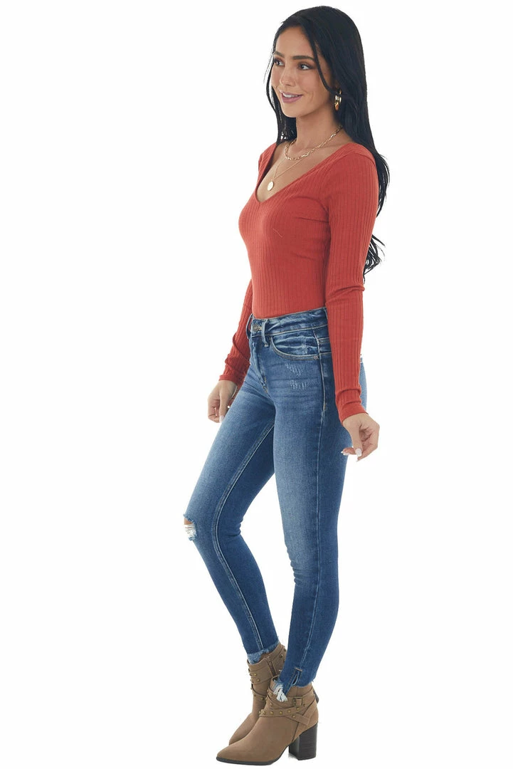Heart & Hips Rust Stretchy Ribbed V Neck Fitted Bodysuit Tops 16 Heart & Hips Rust Stretchy Ribbed V Neck Fitted Bodysuit Tops