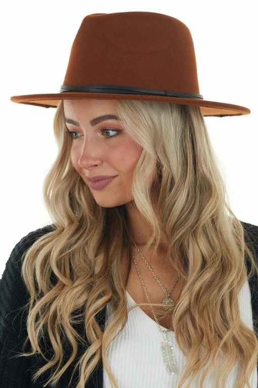 Fame Accessories Cinnamon Felt Wide Brim Hat With Double Band