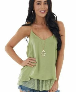 L Love Pistachio V Neck Satin Sleeveless Top With Ruffle Hemline