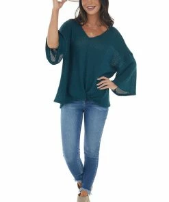First Love Tops Teal Flowy Sleeve Waffle Knit Front Knot Top