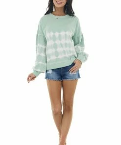She + Sky Pistachio Tie Dye Knit Top With Long Bubble Sleeves