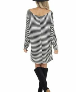 Peach Love Black And White Striped Boat Neckline Short Knit Dress Dresses