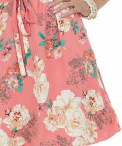 Staccato Coral Floral Print Short Dress With Waist Tie