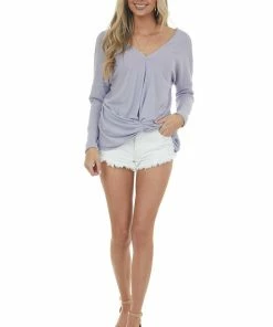 143 Story Tops Lavender Surplice Front Knot Waffle Knit Top