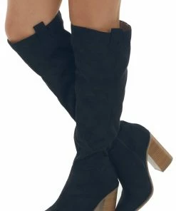 FORTUNE DYNAMIC Black Suede Block Heel Knee High Boots