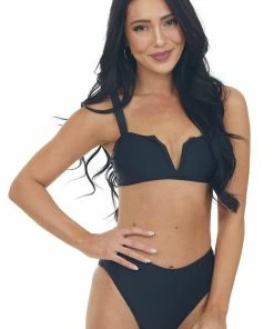 Stylish Swimwear Black High Waisted Bikini With Notched V Neck Accessories