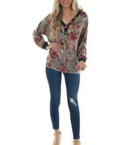 Haptics Taupe Floral Print Long Sleeve V Neck Knit Top Tops