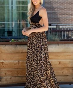 Dress Day Leopard Print Open Back Sleeveless Maxi Dress