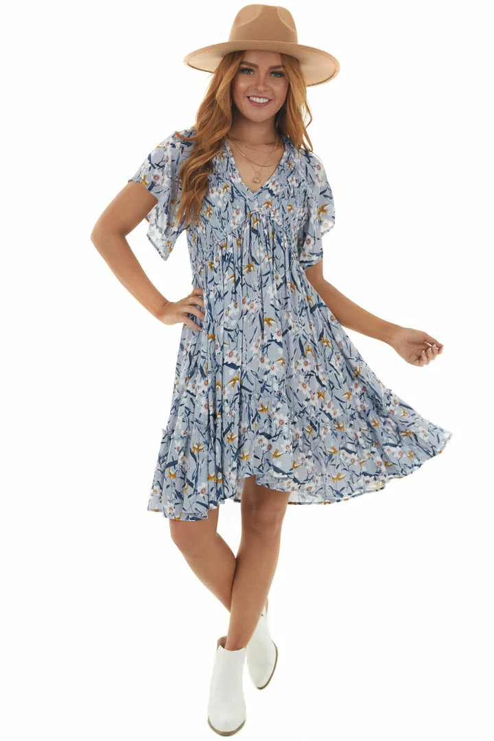 J.NNA Periwinkle Floral Babydoll Smocked Bust Dress 6 J.NNA Periwinkle Floral Babydoll Smocked Bust Dress