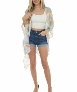 Entro Ivory And Sea Blue Printed Sheer Kimono