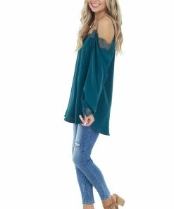 Lime Lush Pine Woven Cold Shoulder Top With Eyelash Lace Details