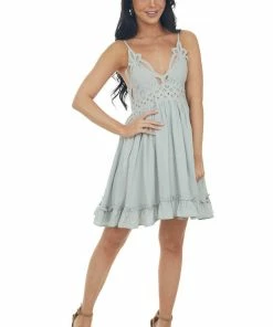 Sweet Lemon Faded Mint Sleeveless Dress With Lace Detail